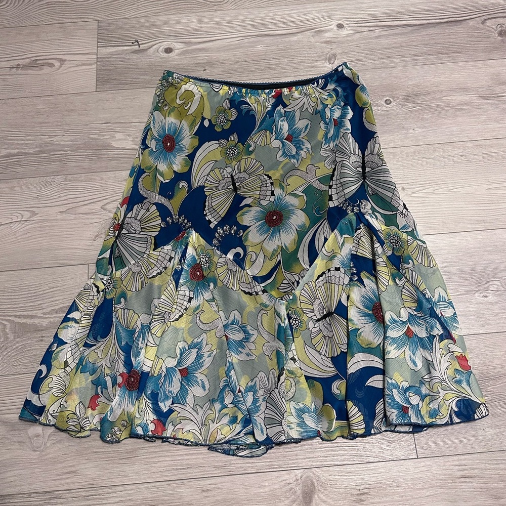 Vintage Y2K Lola P Blue Multicolored Floral Midi Skirt with Butterflies, Size M